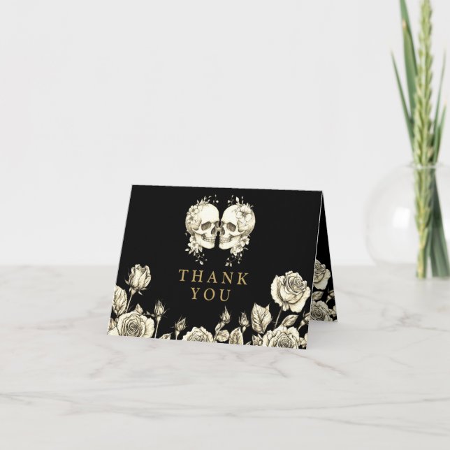 Black And Gold Gothic Floral Skulls Wedding Dankeskarte (Vorderseite)