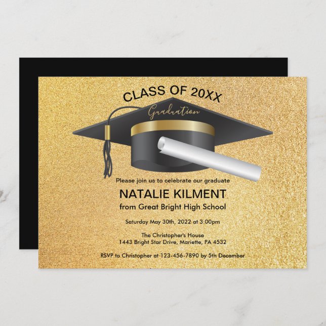 Black and Gold Graduate Cap Graduation Party Einladung (Vorne/Hinten)