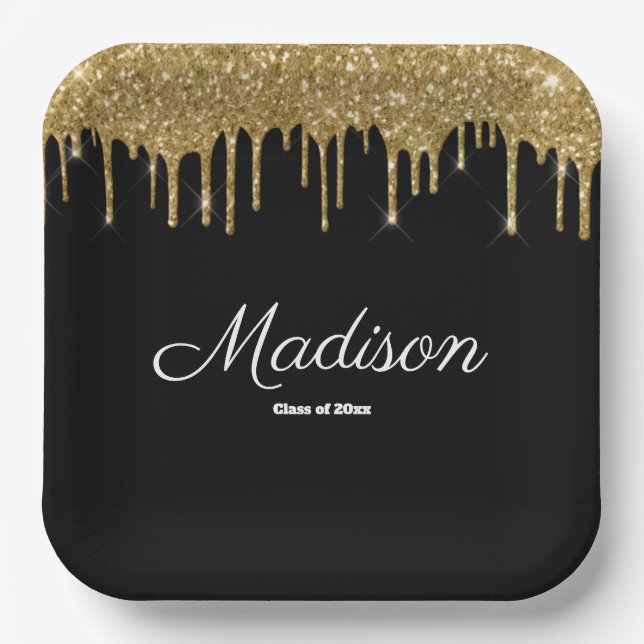 Black and Gold Graduation Party Class of 2025 Pappteller (Vorderseite)