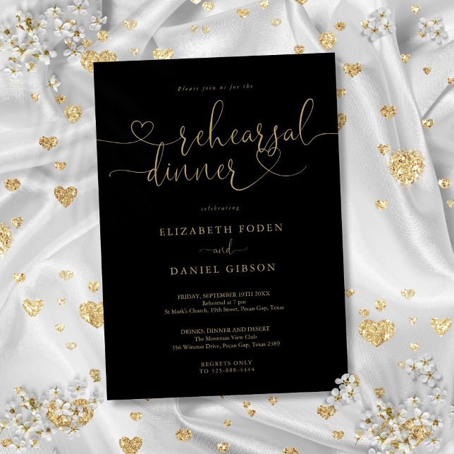 Black and Gold Heart Probe Dinner Einladung (Black And Gold Heart Script Rehearsal Dinner Invitation)