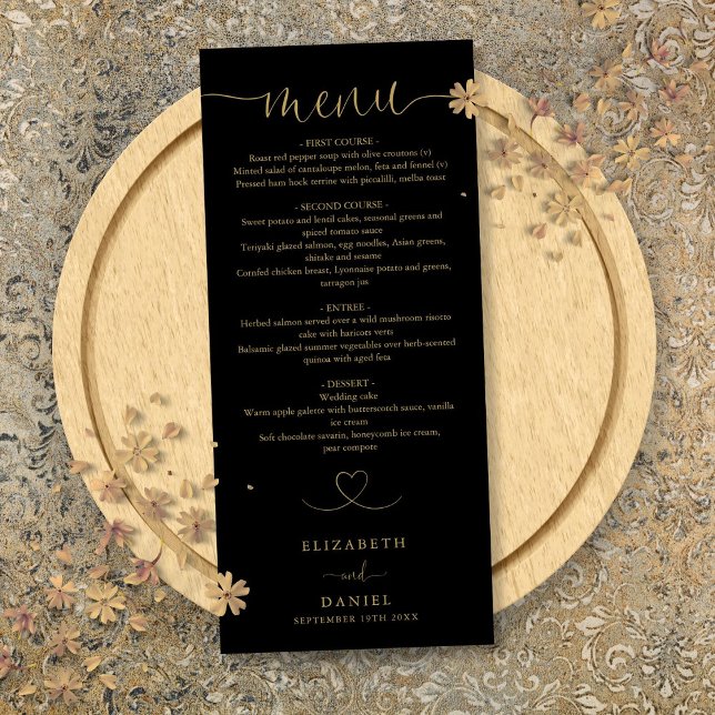 Black and Gold Heart Script Hochzeitsessen Menükarte (Black And Gold Heart Script Wedding Dinner Menu)