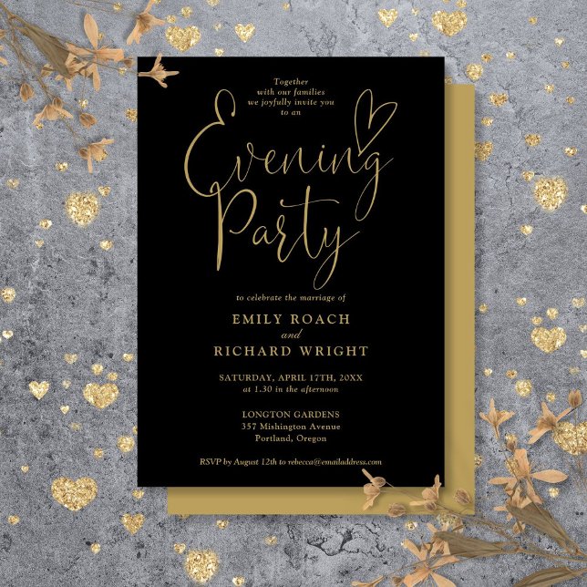 Black and Gold Heart Script Hochzeitsskript Abend  Einladung (Black And Gold Heart Script Wedding Evening Party Invitation)