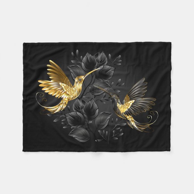 Black and Gold Hummingbird Fleecedecke (Vorderseite (Horizontal))