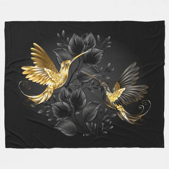 Black and Gold Hummingbird Fleecedecke (Vorderseite (Horizontal))