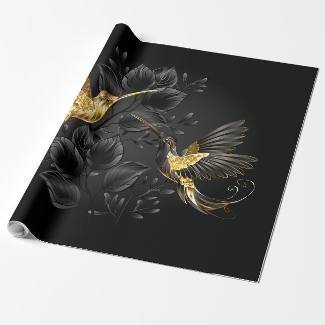 Black and Gold Hummingbird Geschenkpapier (Ungerollt)