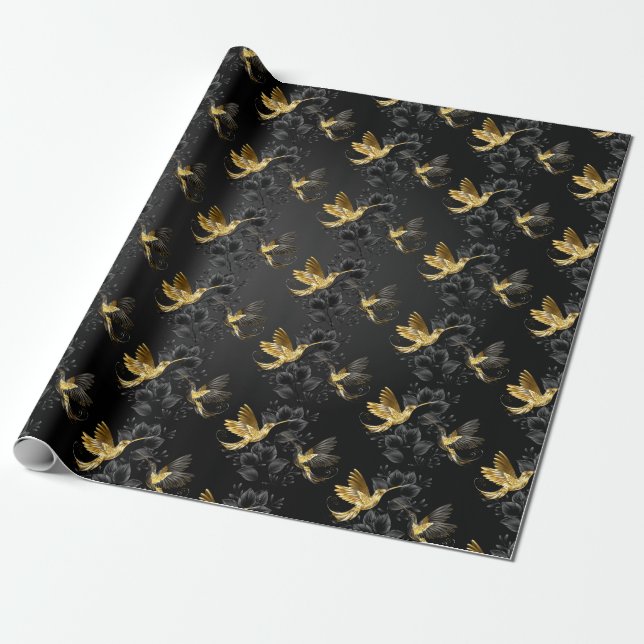 Black and Gold Hummingbird Geschenkpapier (Ungerollt)