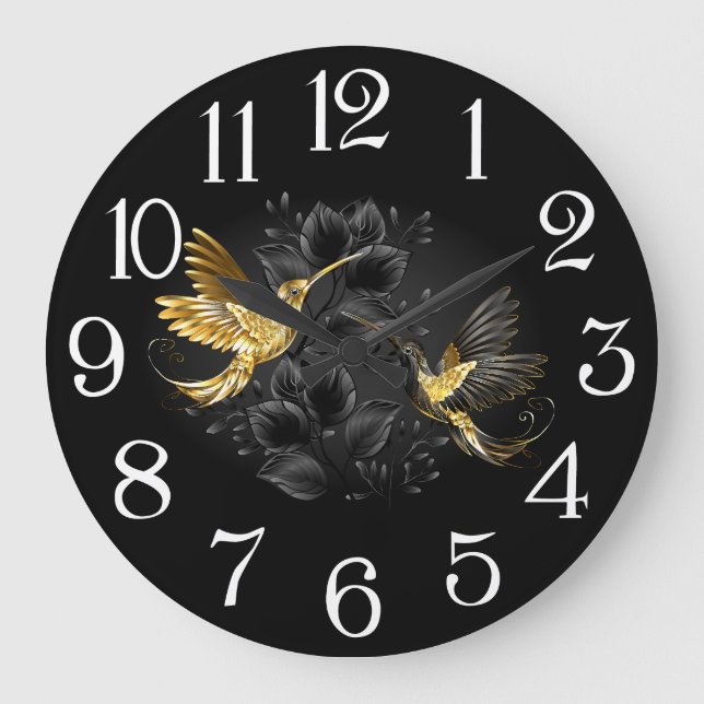 Black and Gold Hummingbird Große Wanduhr (Vorderseite)