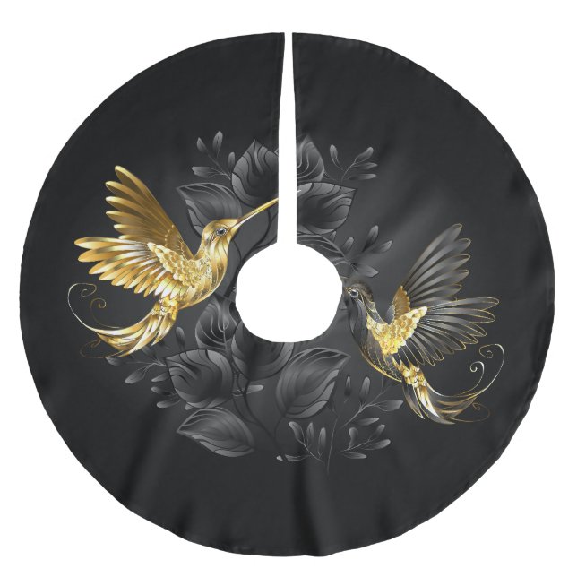 Black and Gold Hummingbird Polyester Weihnachtsbaumdecke (Vorderseite)