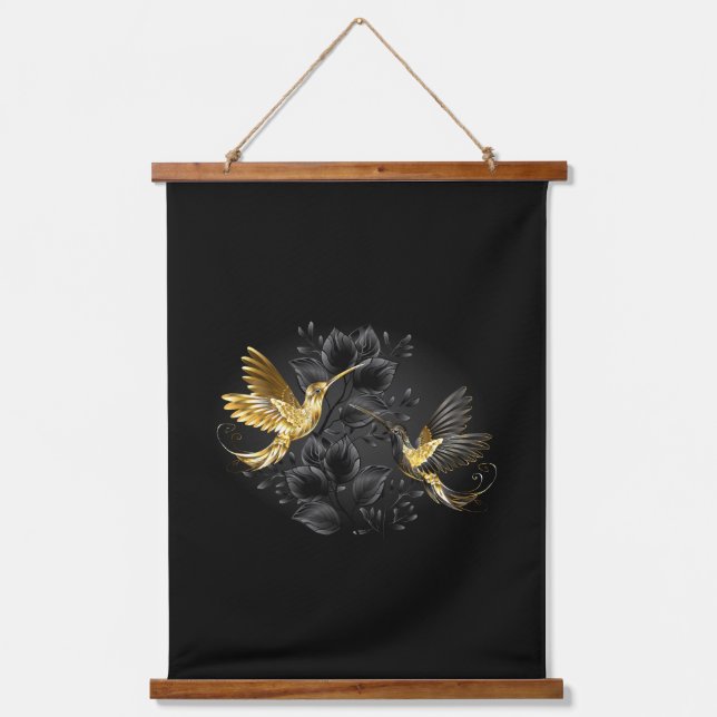 Black and Gold Hummingbird Wandteppich Mit Holzrahmen (Vorderseite)