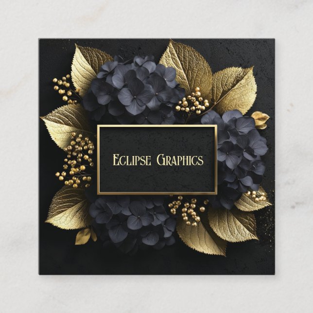 Black and Gold Hydrangea Floral Geometric Modern Quadratische Visitenkarte (Vorderseite)
