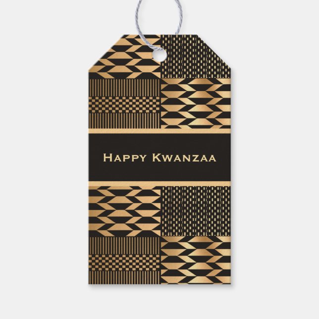 Black and Gold Kente 'Happy Kwanzaa' Geschenkanhänger (Vorderseite)