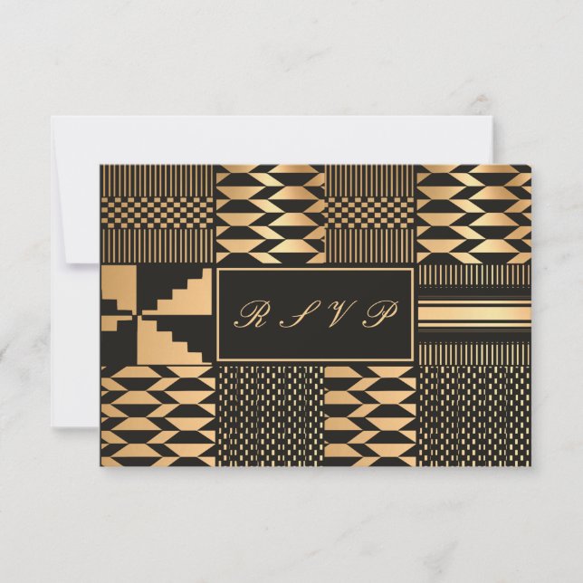 Black and Gold Kente RSVP Karte (Vorderseite)