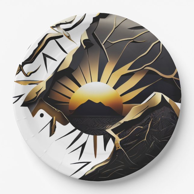 Black and Gold Kintsugi Style Sunrise Pappteller (Vorderseite)