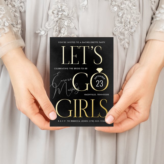 Black and Gold Lasse Go Girls Junggeselinnen-Absch Folie Einladungspostkarte (Von Creator hochgeladen)