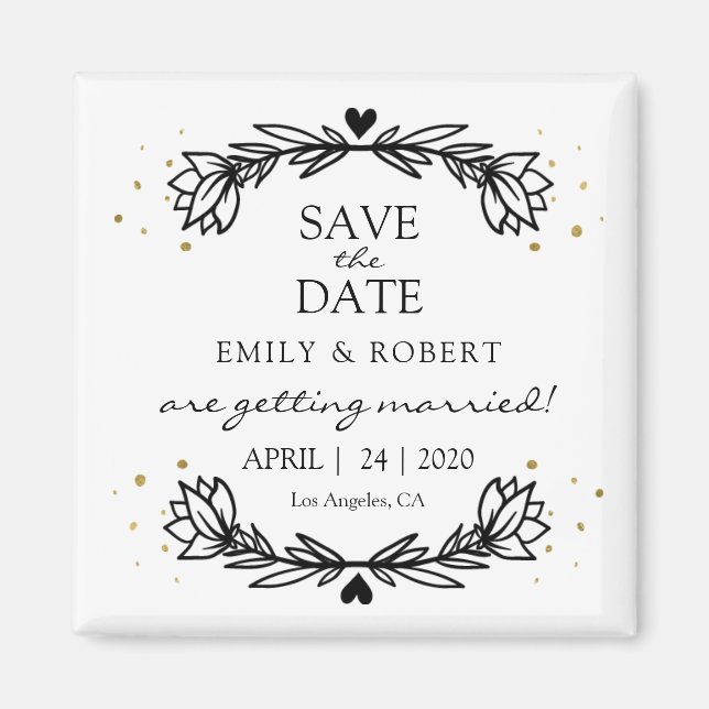Black and Gold Laurel Save the Date Hochzeit Magnet (Vorne)