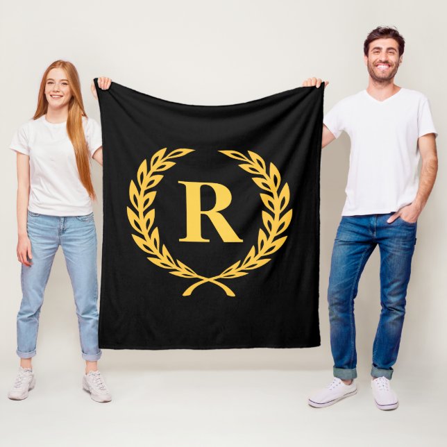 Black and Gold Laurel Wreath Monogram Fleecedecke (Beispiel)