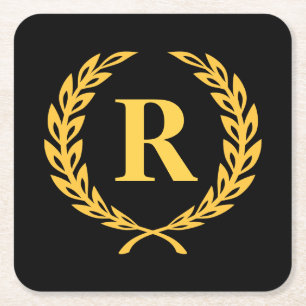 Black and Gold Laurel Wreath Monogram Rechteckiger Pappuntersetzer
