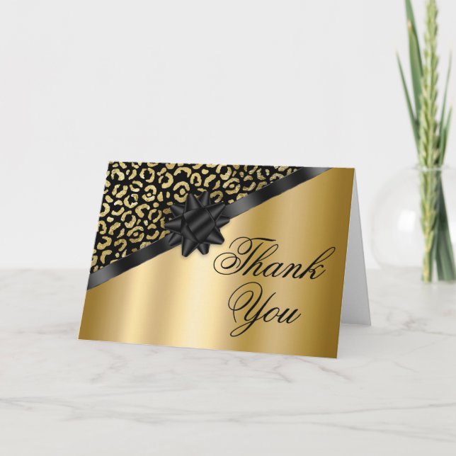 Black and Gold Leopard Shimmer Black Bow Geschenk Dankeskarte (Vorderseite)