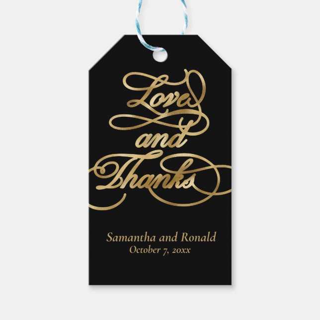 Black and Gold Love and Thanks Calligraphy Wedding Geschenkanhänger (Vorderseite)