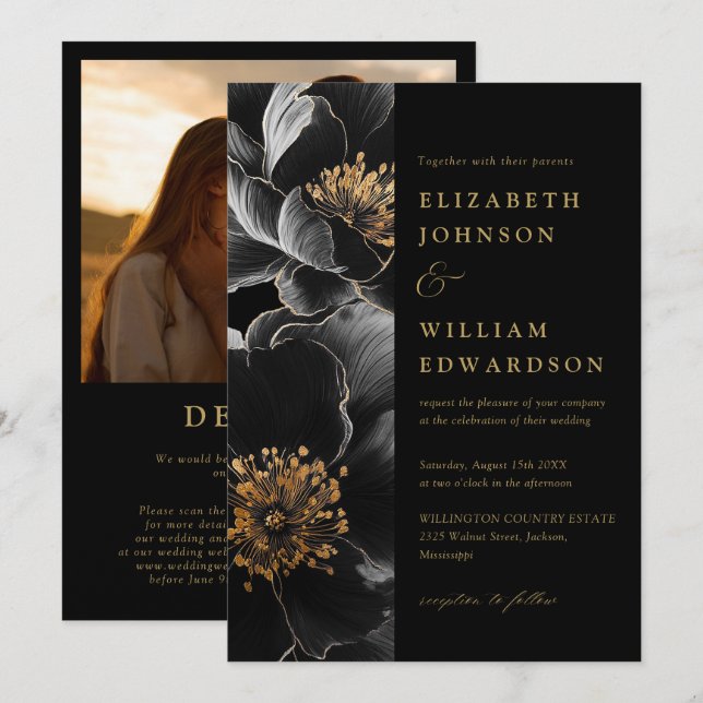 Black and Gold Luxury Floral Foto QR Code Hochzeit Einladung (Vorne/Hinten)