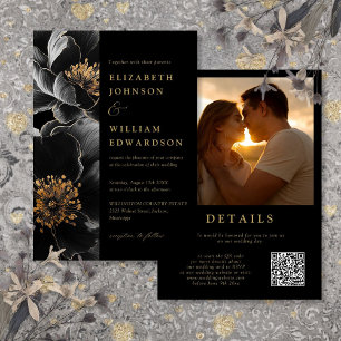 Black and Gold Luxury Floral Foto QR Code Hochzeit Einladung