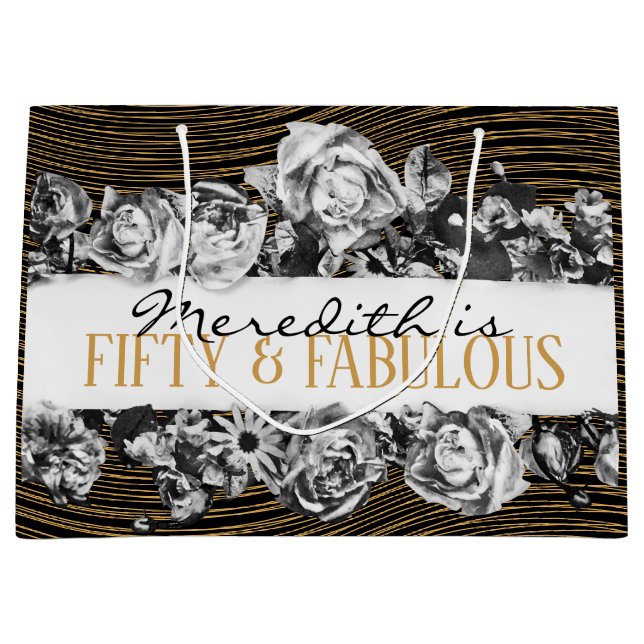 Black and Gold Luxury Personalisiert 50 und fabelh Große Geschenktüte (Vorderseite)