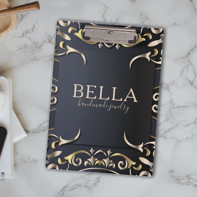 Black and Gold Luxus Chic Baroque Business Name Klemmbrett (Von Creator hochgeladen)