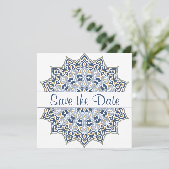 Black and Gold Mandala Save the Date Einladung (Stehend Vorderseite)