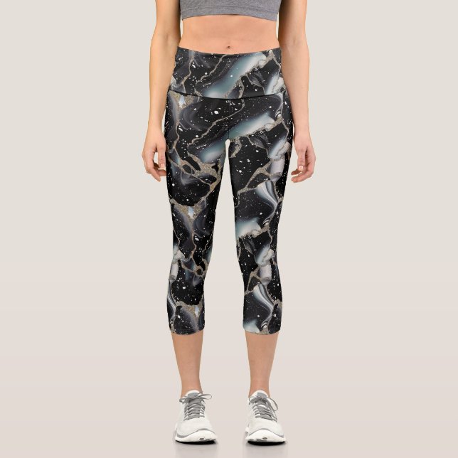 Black And Gold Marble Abstract Modern Capri Leggings (Vorderseite)