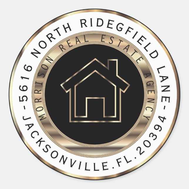 Black and Gold Metal Realtor Address Labels Runder Aufkleber (Vorderseite)