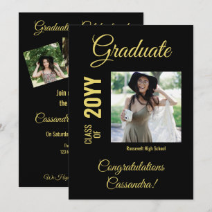 Black and Gold Modern Foto Graduation Party Einladung