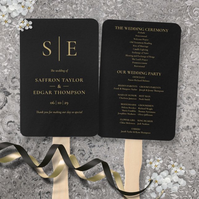 Black and Gold Monogram Wedding Program Fächer (Black And Gold Monogram Wedding Program Hand Fan)