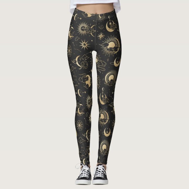 Black and Gold Moon Star Sun Astrologie Kunst Leggings (Vorderseite)