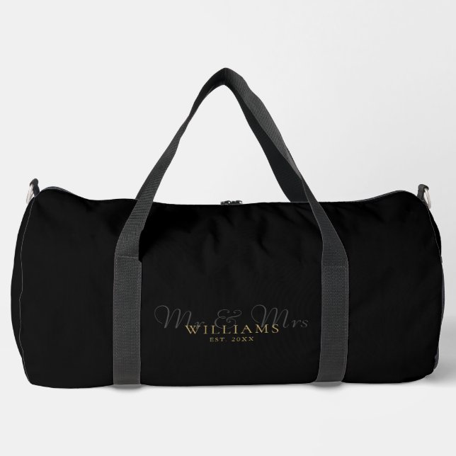 Black and Gold Mr. und Mrs. Wedding Flitterwochen Duffle Bag (Vorderseite)