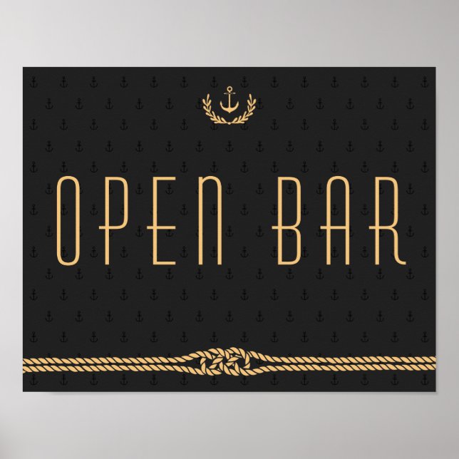 Black and Gold Nautical Wedding Open Bar Sign Poster (Vorne)