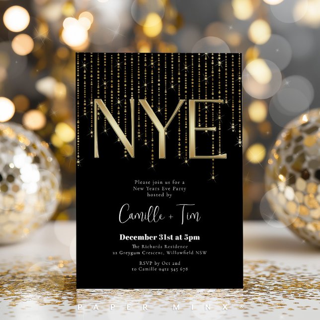 Black and Gold New Years Eve Party NYE Einladung (NYE party invitation in gold and black )
