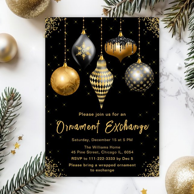 Black and Gold Ornament Exchange Party Einladung (Von Creator hochgeladen)