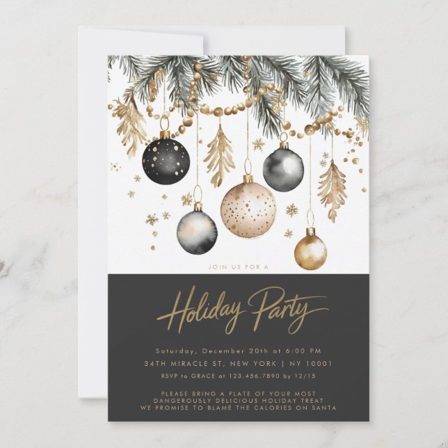 Black and Gold Ornamente Baubles Holiday Party Einladung (Vorderseite)