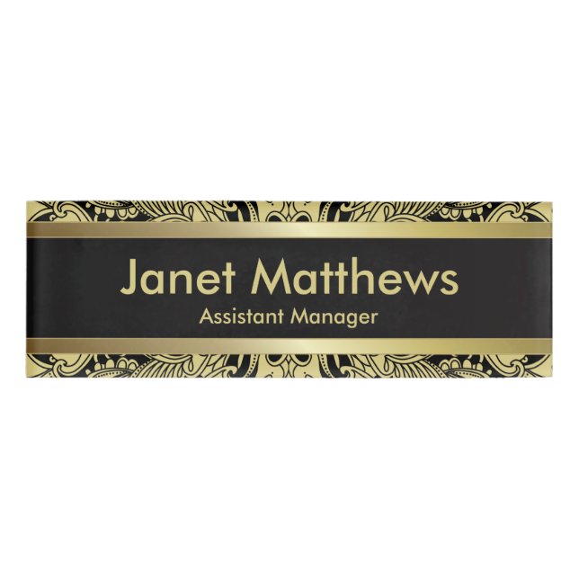 Black and Gold Paisley Art Namenschild (Vorderseite)