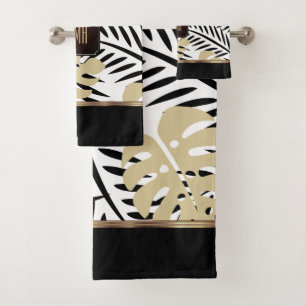 Black and Gold Palm Pattern with Monogram Badhandtuch Set