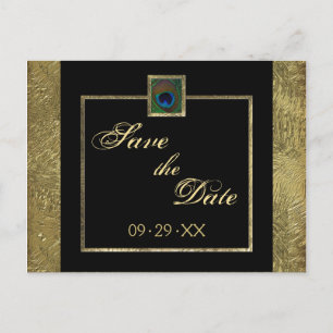 Black and Gold Peacock Feather Save the Date Card Ankündigungspostkarte