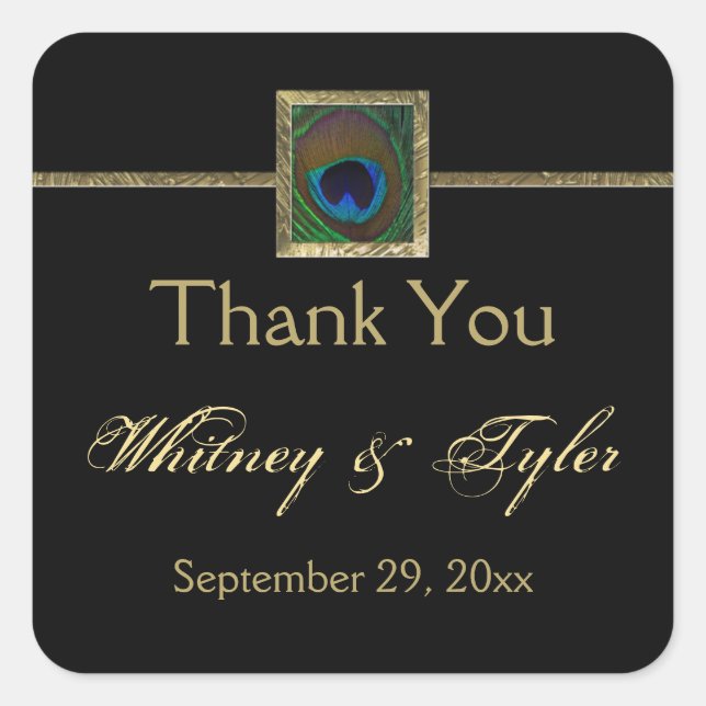 Black and Gold Peacock Feather Wedding Sticker (Vorderseite)