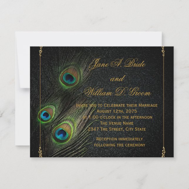 Black and Gold Peacock Wedding Einladung (Vorderseite)