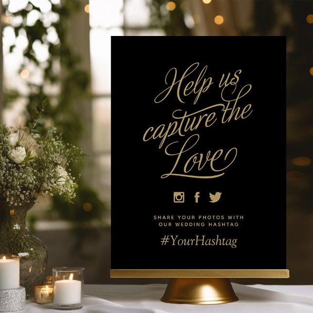 Black and Gold Personalisiert Wedding Hashtag Sign Poster (Von Creator hochgeladen)