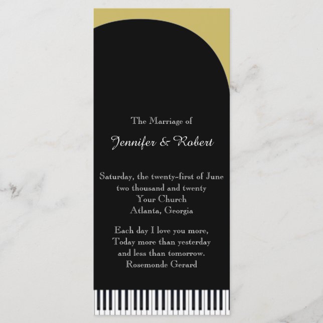 Black and Gold Piano Hochzeitsprogramm Programm (Vorderseite)