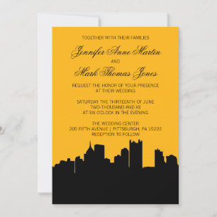 Black and Gold Pittsburgh City Skyline Wedding II Einladung
