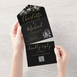 Black and Gold QR Code Mason Jars Lights Hochzeit All In One Einladung