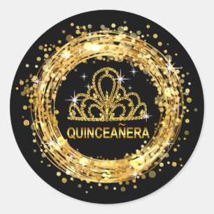 Black and Gold Quinceanera Glitzer Tiara Runder Aufkleber