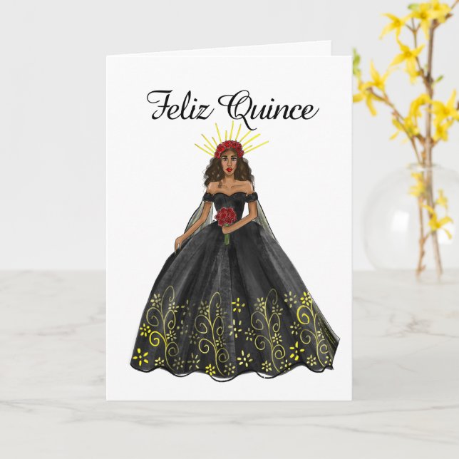 Black and Gold Quinceanera Kleid Geburtstag Karte (Gelbe Blume)
