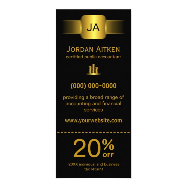 Black and Gold Rack Cards mit Rabattcoupon Werbekarte (Vorne)